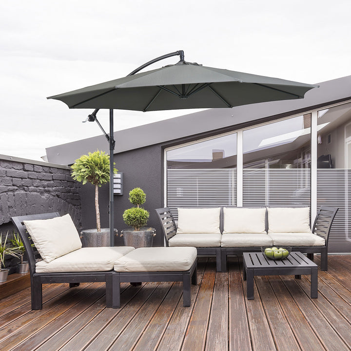 Chapéu de Sol de Jardim Ø300x250cm Chapéu de Sol Excêntrico Inclinável com Manivela Base Cruzada Suporte de Aço e Proteção Solar para Terraço Exterior Cinza