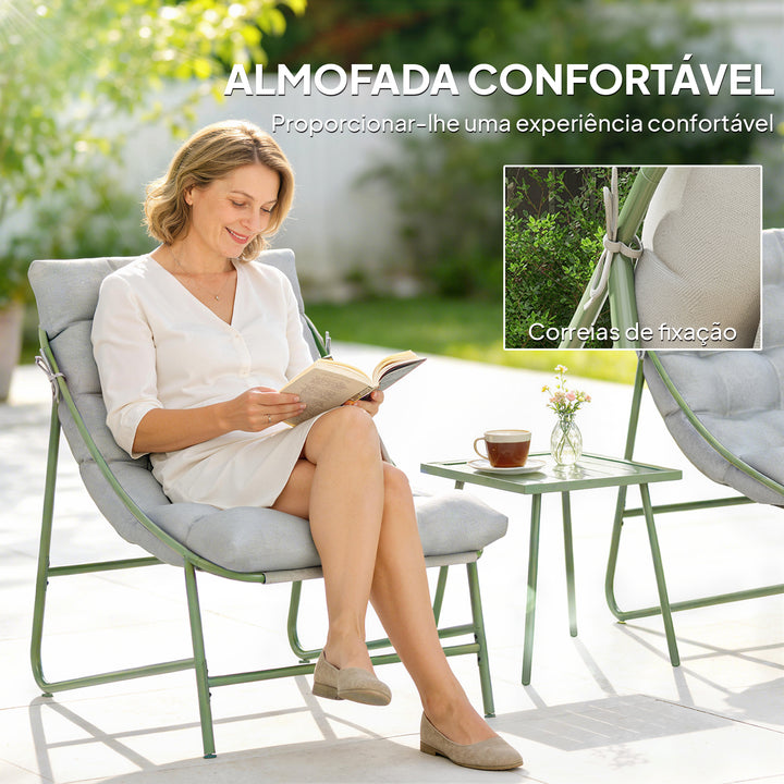 Conjunto de Mesa e Cadeiras de Jardim Exterior de 3 Peças Móveis com Almofadas 2 Cadeiras Lounge Mesa de Apoio e Estrutura de Aço para Pátio Cinza Claro