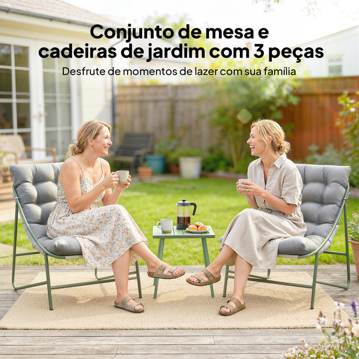 Conjunto de Mesa e Cadeiras de Jardim Exterior de 3 Peças Móveis com Almofadas 2 Cadeiras Lounge Mesa de Apoio e Estrutura de Aço para Pátio Cinza Claro