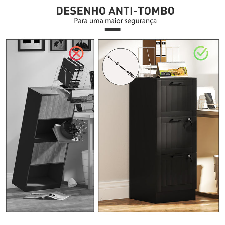 Bloco de Gavetas para Escritório Móvel Arquivador com 3 Gavetas para Escritório com Fechaduras Gavetas Suspensas para A4 40x40x101 cm Preto