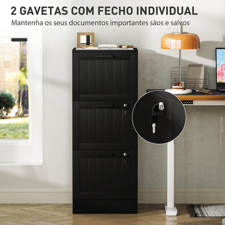 Bloco de Gavetas para Escritório Móvel Arquivador com 3 Gavetas para Escritório com Fechaduras Gavetas Suspensas para A4 40x40x101 cm Preto