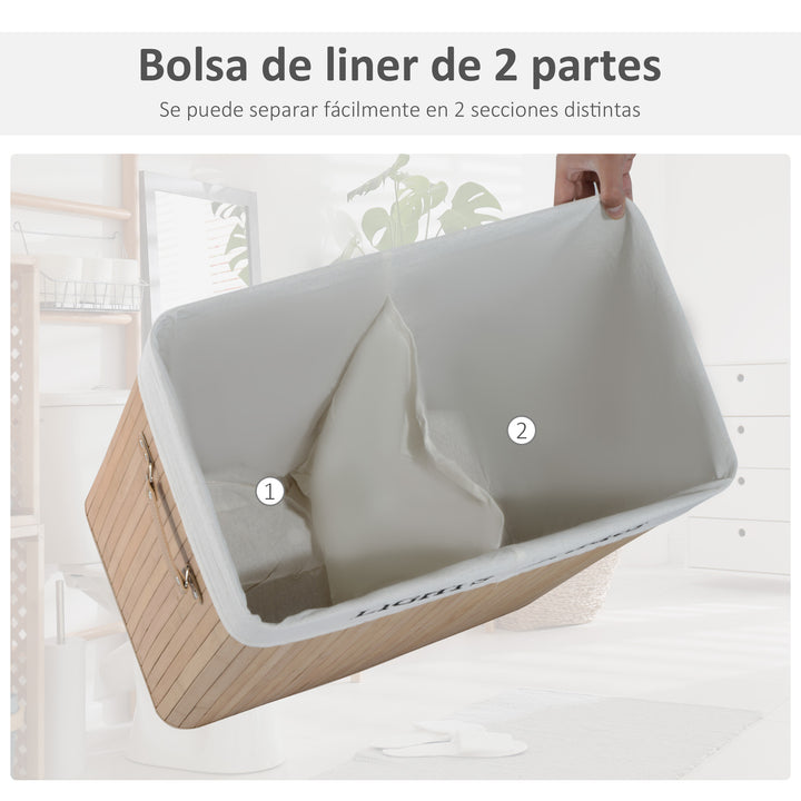 Cesto de Roupa Suja de Bambu com 2 Compartimentos Removíveis Capacidade 100L