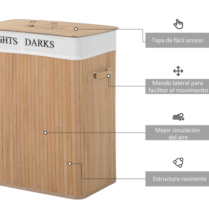 Cesto de Roupa Suja de Bambu com 2 Compartimentos Removíveis Capacidade 100L