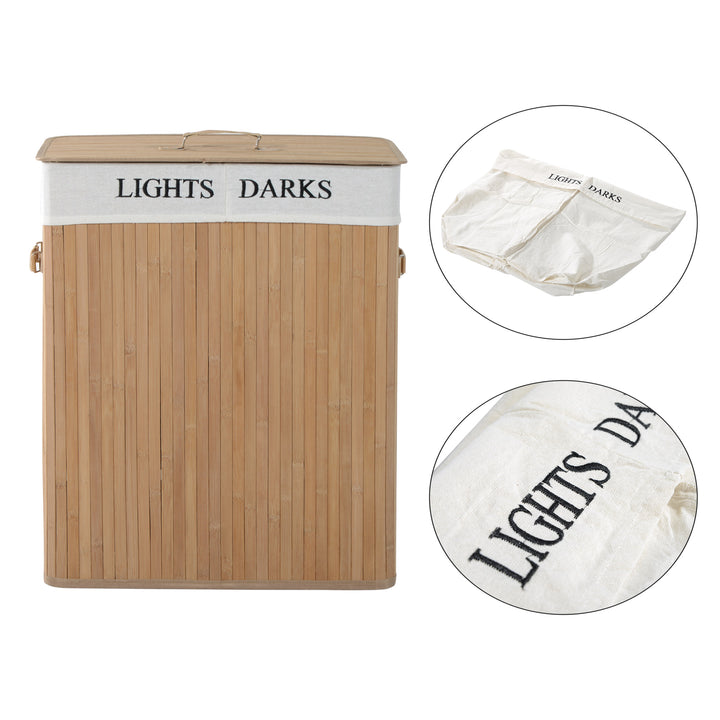Cesto de Roupa Suja de Bambu com 2 Compartimentos Removíveis Capacidade 100L