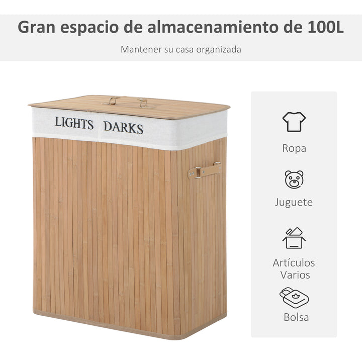 Cesto de Roupa Suja de Bambu com 2 Compartimentos Removíveis Capacidade 100L