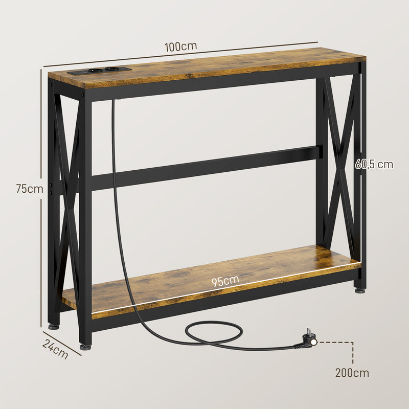 Mesa Consola de Estilo Industrial Mesa de Entrada de 2 Níveis com Estação de Carregamento e Estrutura de Aço para Sala Corredor 100x24x75 cm Castanho Rústico