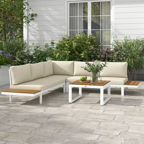 Conjunto de Móveis de Jardim 4 Peças Jogo de Móveis de Terraço Inclui 2 Sofás Duplos 1 Sofá de Canto Reclinável e Mesa de Centro com Almofadas para Pátio Creme