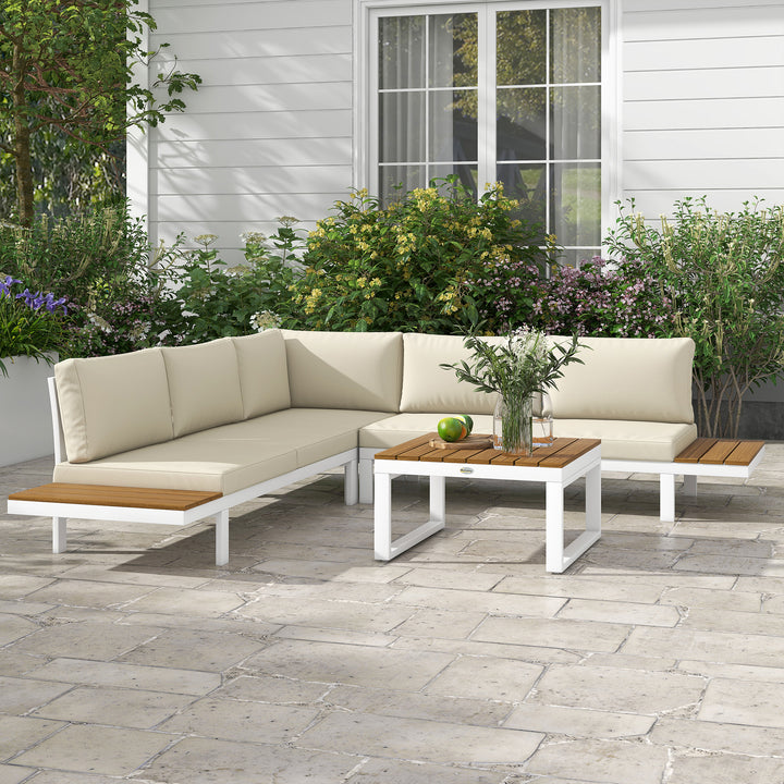 Conjunto de Móveis de Jardim 4 Peças Jogo de Móveis de Terraço Inclui 2 Sofás Duplos 1 Sofá de Canto Reclinável e Mesa de Centro com Almofadas para Pátio Creme