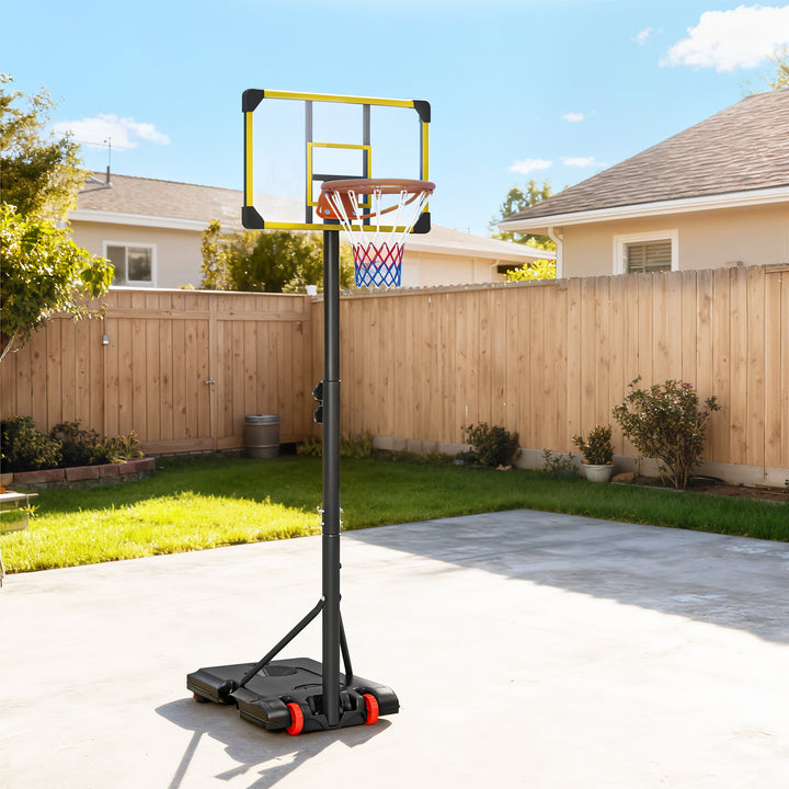 Tabela de Basquetebol com Altura Ajustável 178-208 cm Rodas Cesta de Basquetebol para Crianças acima de 6 Anos com Base Recarregável para Exterior 75x56x210-240 cm Amarelo e Preto