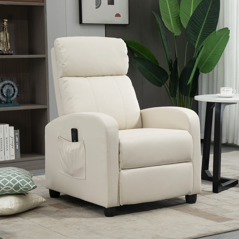 Poltrona de Massagem Poltrona Relax Reinclinável com Controle Remoto 2 Zonas de Massagem 8 Programas 5 Níveis de Intensidade Estofado em PU 68x88x98 cm Creme