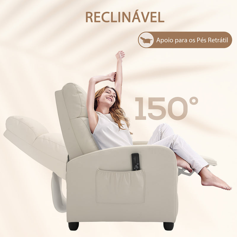 Poltrona de Massagem Poltrona Relax Reinclinável com Controle Remoto 2 Zonas de Massagem 8 Programas 5 Níveis de Intensidade Estofado em PU 68x88x98 cm Creme