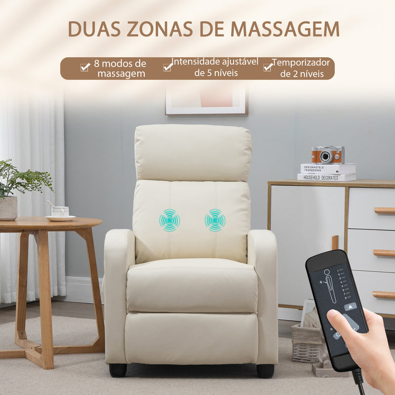 Poltrona de Massagem Poltrona Relax Reinclinável com Controle Remoto 2 Zonas de Massagem 8 Programas 5 Níveis de Intensidade Estofado em PU 68x88x98 cm Creme