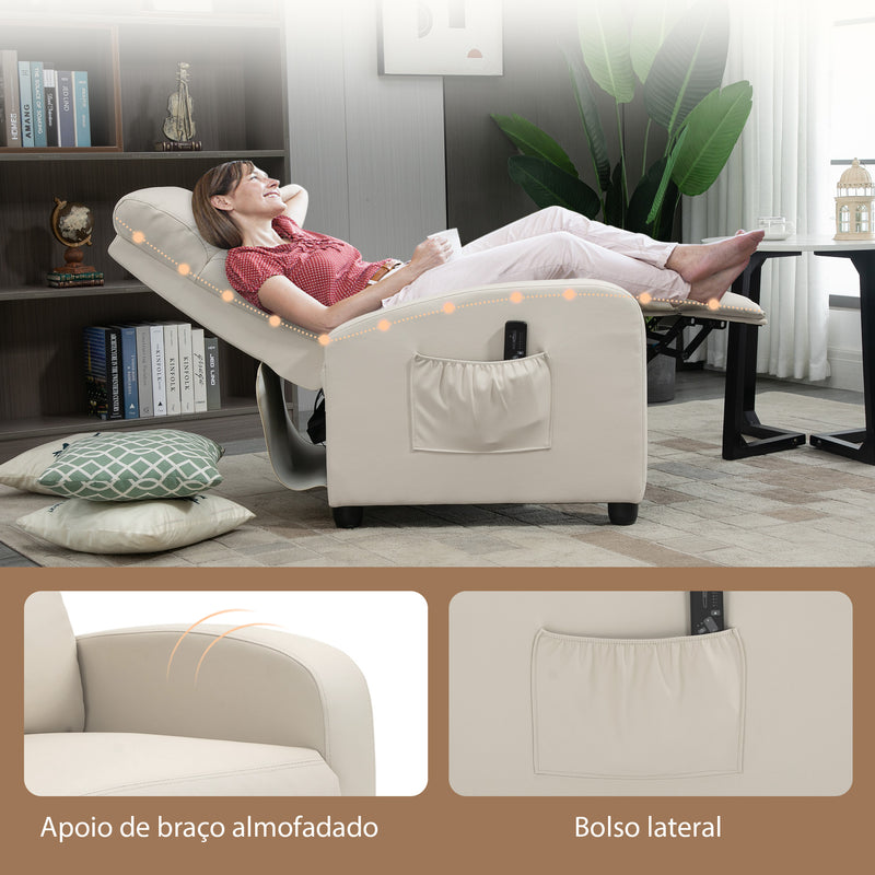 Poltrona de Massagem Poltrona Relax Reinclinável com Controle Remoto 2 Zonas de Massagem 8 Programas 5 Níveis de Intensidade Estofado em PU 68x88x98 cm Creme