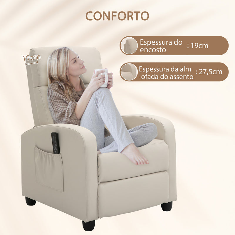 Poltrona de Massagem Poltrona Relax Reinclinável com Controle Remoto 2 Zonas de Massagem 8 Programas 5 Níveis de Intensidade Estofado em PU 68x88x98 cm Creme