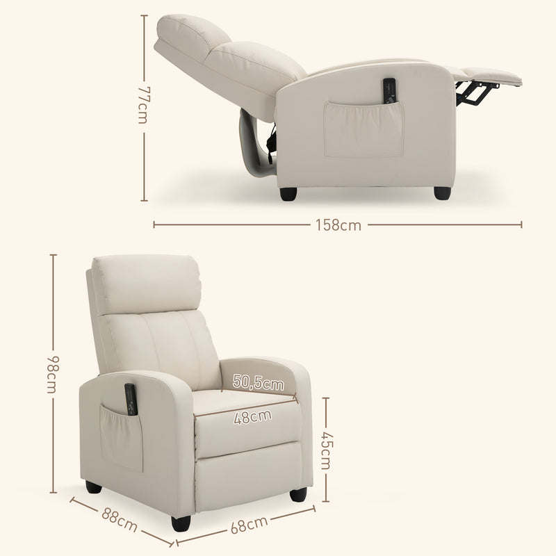 Poltrona de Massagem Poltrona Relax Reinclinável com Controle Remoto 2 Zonas de Massagem 8 Programas 5 Níveis de Intensidade Estofado em PU 68x88x98 cm Creme