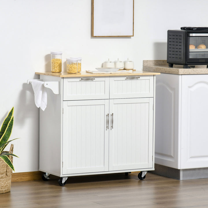Carrinho de Cozinha com Rodas Móvel Auxiliar de Cozinha com 2 Gavetas 2 Portas Prateleira Ajustável e Suporte para Guardanapos para Sala de Jantar Sala de Estar 104x46x91 cm Branco