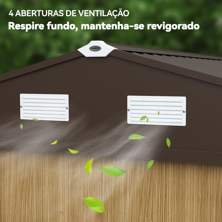 Abrigo de Jardim Exterior 4,9 m², 277x195x192 cm, Casota de Jardim Metálica com Porta de Correr, Ventilação e Kit de Fundação, para Armazenamento de Ferramentas, Castanho Claro