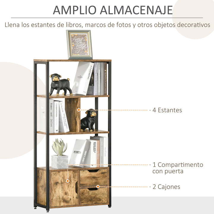 Estante para Livros com Armário e 2 Gavetas de Armazenamento Estante Estilo Industrial para Escritório Sala de Estar 58x24x122cm Marrom Rústico