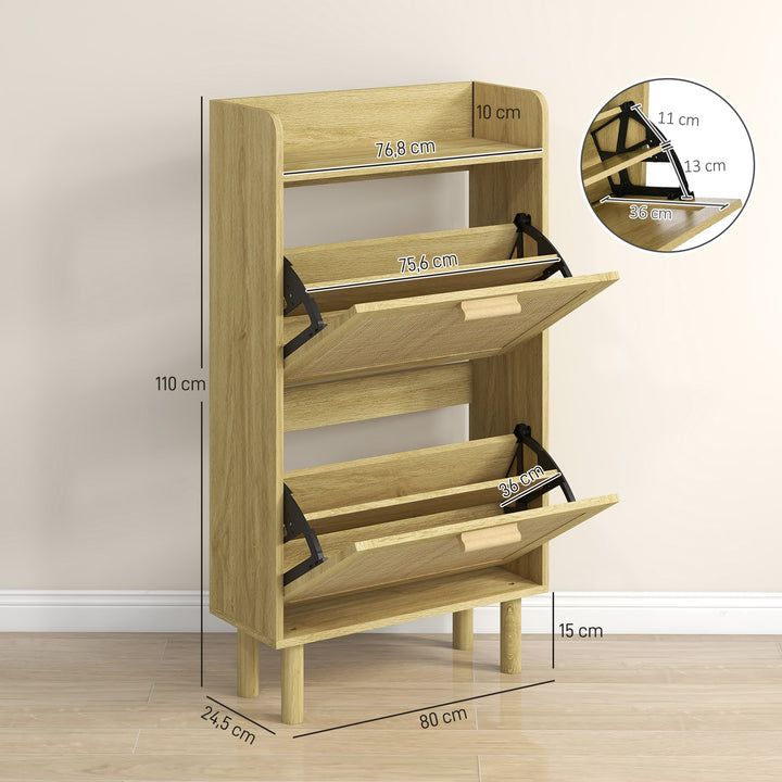 Móvel Sapateira de Entrada Armário de Sapatos Boêmio com 2 Gavetas Basculantes e 1 Prateleira Aberta para 18 Pares de Sapatos para Corredor Entrada 80x24,5x110 cm Carvalho