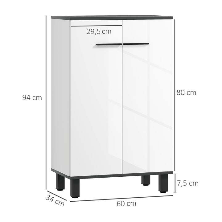 Armário Casa de Banho Móvel Auxiliar Casa de Banho com Portas Prateleiras Ajustáveis e Sistema Anti-Tombo 60x34x94 cm Branco