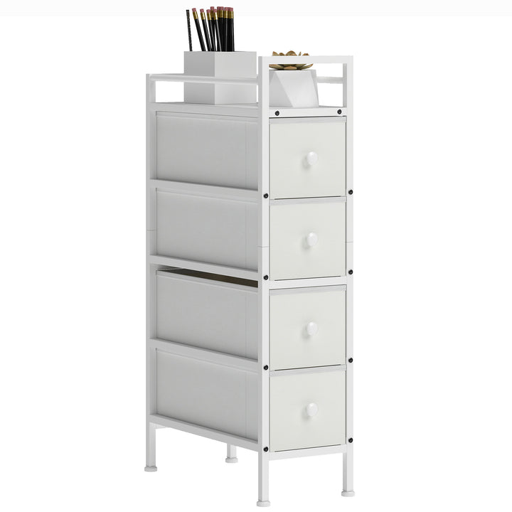 Móvel de Arrumação Estreito com 4 Gavetas de Tecido Cómoda para Quarto Estreita com Estrutura de Aço para Espaços Pequenos Sala de Estar Closet Casa de Banho 20x43x81,5 cm Branco