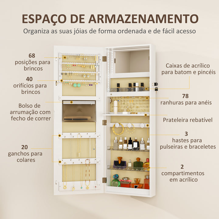 Espelho Joalheiro de Parede Espelho de Parede com Luzes LED e Fechadura Armário para Jóias para Pendurar na Parede ou na Porta 37x10,5x108 cm Branco