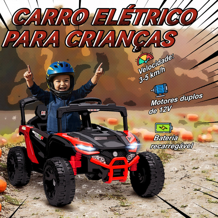 Carro Elétrico para Crianças 12V Carro a Bateria UTV com 2 Motores Controlo Remoto 2,4G Suspensão Traseira Faróis Música para Crianças acima de 3 Anos 88x57,5x55,5 cm Vermelho