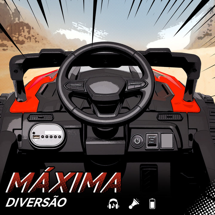 Carro Elétrico para Crianças 12V Carro a Bateria UTV com 2 Motores Controlo Remoto 2,4G Suspensão Traseira Faróis Música para Crianças acima de 3 Anos 88x57,5x55,5 cm Vermelho