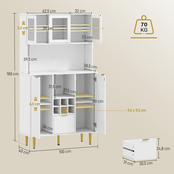 Armário de Cozinha Móvel Auxiliar de Cozinha Armário Alto com 3 Portas de Vidro Suporte para Garrafas Gaveta Prateleiras Ajustáveis e Compartimentos Abertos 100x40x180 cm Branco
