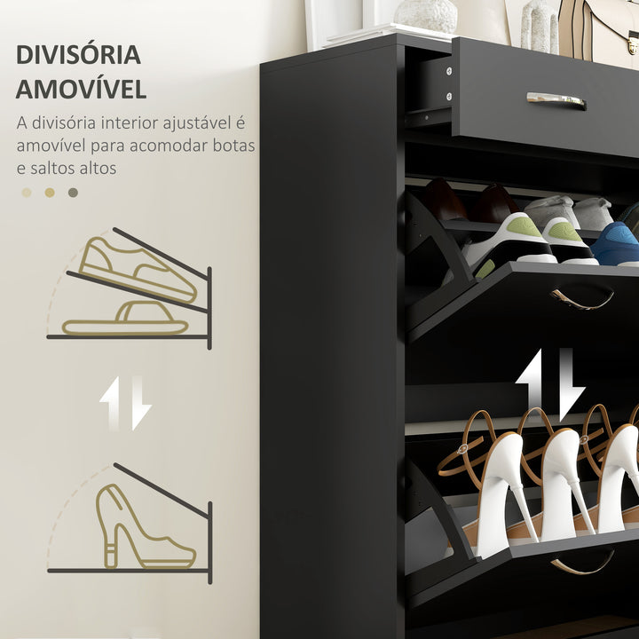 Sapateira Móvel para Sapatos Estreito com 2 Compartimentos e 2 Gavetas para 12 Pares de Sapatos para Sala de Estar Entrada Corredor 80x30x91,5 cm Preto