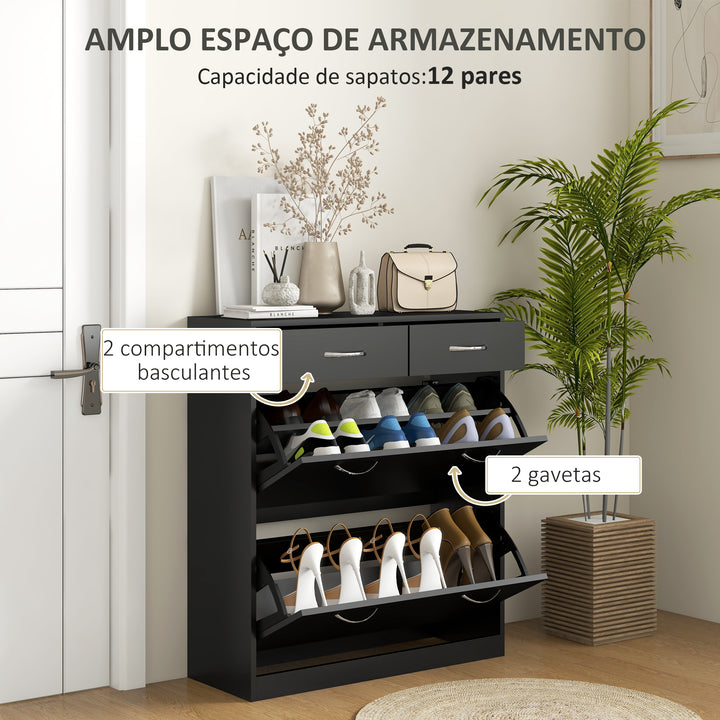Sapateira Móvel para Sapatos Estreito com 2 Compartimentos e 2 Gavetas para 12 Pares de Sapatos para Sala de Estar Entrada Corredor 80x30x91,5 cm Preto