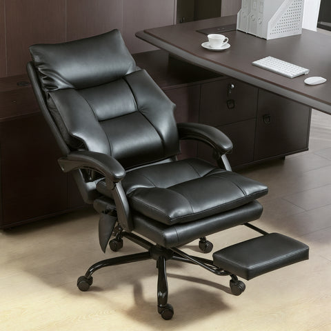 Cadeira de Escritório com Suporte Lombar Inflável Estofada em PU Cadeira de Secretária Giratória com Apoio para Pés Encosto Reclinável Encosto Alto Altura Ajustável 65x76x113-121 cm Preto