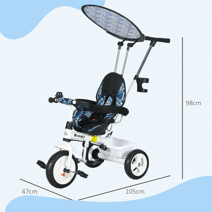 Triciclo para Bebés 2 em 1 Triciclo Evolutivo para Crianças de +12 Meses com Toldo Dobrável Guiador Telescópico e Removível Assento Ajustável Cesto e Suporte para Garrafa 105x47x98 cm Branco