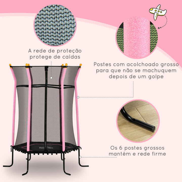 Trampolim para Crianças acima de 3 Anos Cama Elástica Infantil com Rede de Segurança e Estrutura de Aço para Interiores e Exteriores Carga 50kg Ø163,5x190 cm Rosa