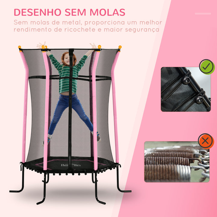 Trampolim para Crianças acima de 3 Anos Cama Elástica Infantil com Rede de Segurança e Estrutura de Aço para Interiores e Exteriores Carga 50kg Ø163,5x190 cm Rosa