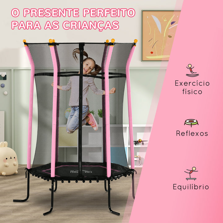 Trampolim para Crianças acima de 3 Anos Cama Elástica Infantil com Rede de Segurança e Estrutura de Aço para Interiores e Exteriores Carga 50kg Ø163,5x190 cm Rosa