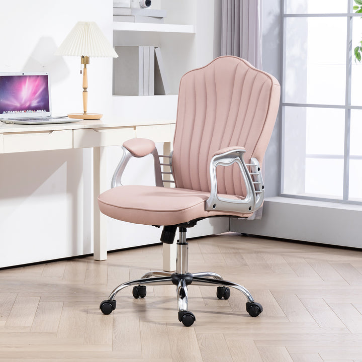 Cadeira de Escritório com Encosto Alto Cadeira para Secretária com Altura Ajustável Apoios de Braços Função Inclinável e Rodas em PU 61x62x106-116 cm Rosa