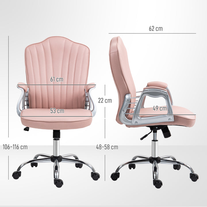 Cadeira de Escritório com Encosto Alto Cadeira para Secretária com Altura Ajustável Apoios de Braços Função Inclinável e Rodas em PU 61x62x106-116 cm Rosa