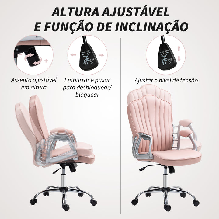 Cadeira de Escritório com Encosto Alto Cadeira para Secretária com Altura Ajustável Apoios de Braços Função Inclinável e Rodas em PU 61x62x106-116 cm Rosa