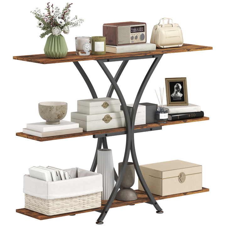 Mesa Consola de 3 Níveis Estilo Industrial com 2 Prateleiras Abertas e Estrutura Metálica em X para Entrada Consola Estreita para Sala de Estar Corredor 110x30x91 cm Castanho Rústico