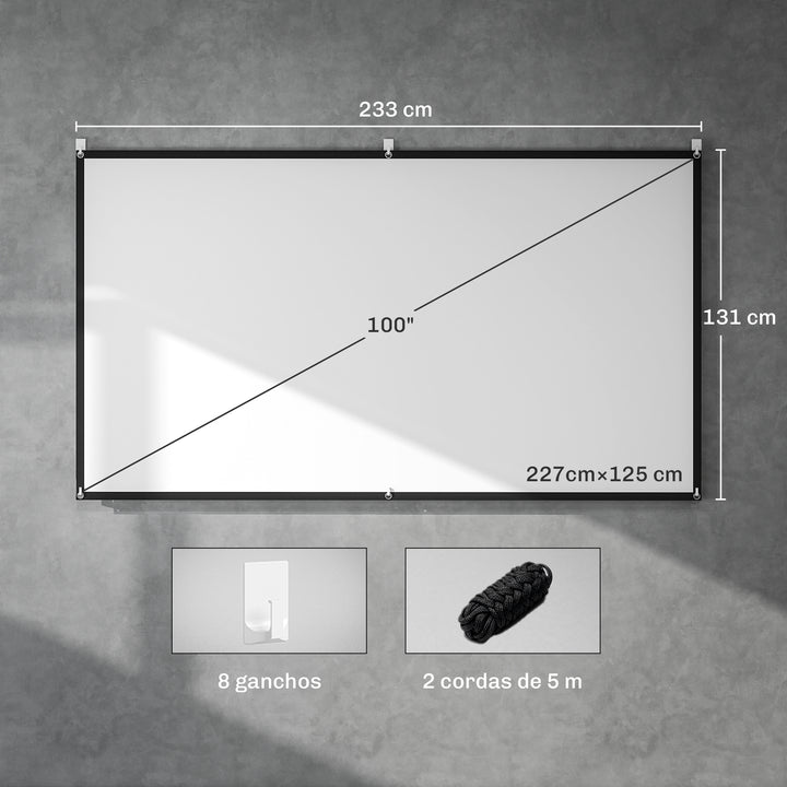 Tela de Projeção Manual 100 Polegadas Ecrã de Projetor, Formato 16:9, HD 4K/8K, Tecido Lavável, para Interior e Exterior, Cinema em Casa, Escritório, Pátio, Branco
