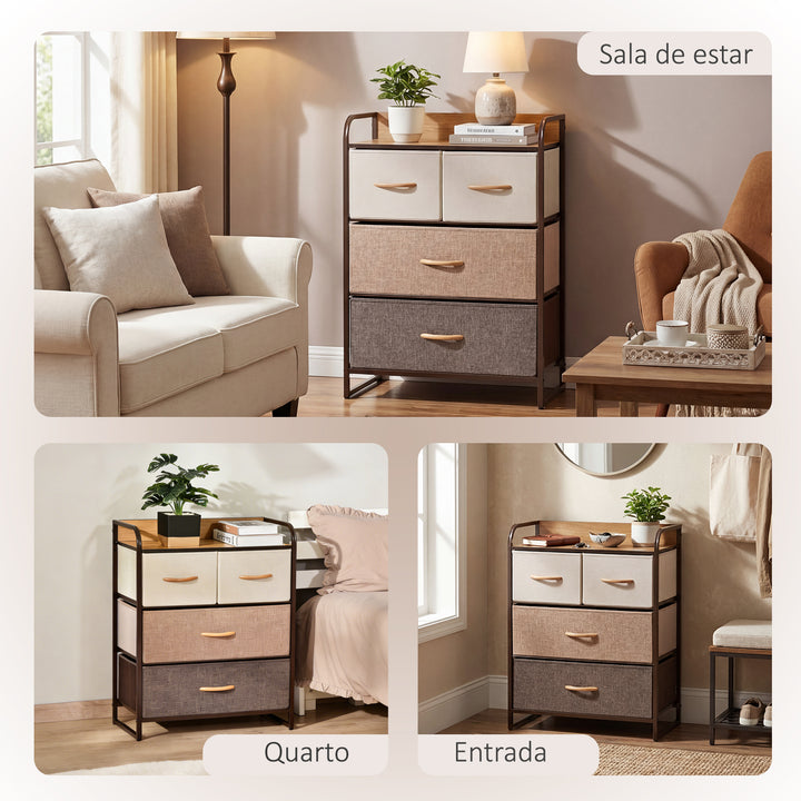 Cómoda de Tecido com 4 Cestos Removíveis e Dobráveis Base Elevada Móvel de Armazenamento para Dormitório Sala de Estar 58x29x78,5 cm Multicor