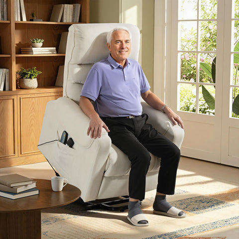 Poltrona de Massagem Relax Poltrona Levanta Pessoas com Reclinação Elétrica em até 135° com Controle Remoto e 8 Zonas de Massagem Estofado em Veludo Cotelê e Acolchoada 83x92x110 cm Bege