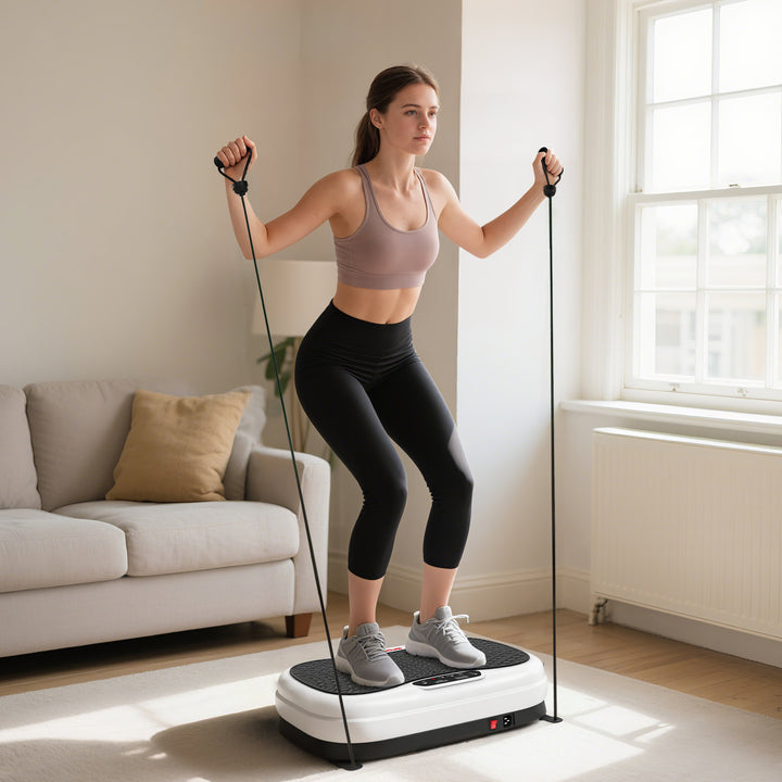 Plataforma Vibratória 50 Velocidades 3 Programas Plataforma de Vibração Muscular com Ecrã LED com Controlo Remoto Bandas Elásticas para Treino Corporal Completo 52x34x14 cm Preto e Branco