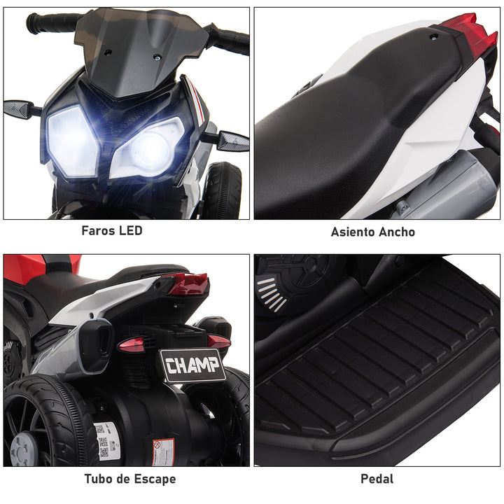 Motocicleta Elétrica Infantil com 3 Rodas Triciclo para Crianças acima de 3 anos com Bateria 6V Recarregável Funções de Música Buzina Faróis 86x42x52cm Preto e Vermelho