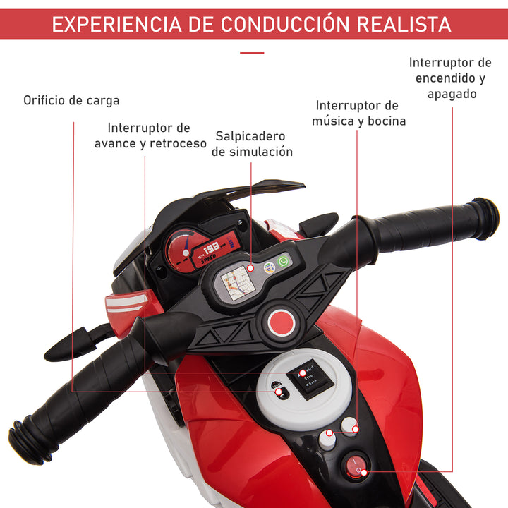 Motocicleta Elétrica Infantil com 3 Rodas Triciclo para Crianças acima de 3 anos com Bateria 6V Recarregável Funções de Música Buzina Faróis 86x42x52cm Preto e Vermelho