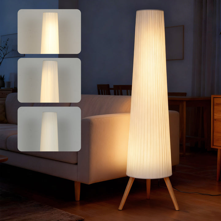 Candeeiro de Pé com Tripé Brilho Ajustável 3 Níveis Candeeiro de Pé de Sala Nórdica com Interruptor de Pé Pernas de Madeira e Ecrã de Tecido para Quarto, Escritório Decoração 46x46x153 cm Branco