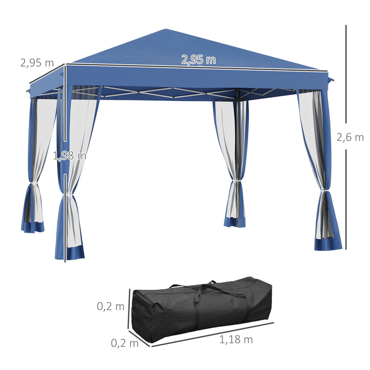 Tenda Dobrável 295x295x260 cm Tenda de Jardim com 4 Paredes Laterais de Malha 8 Orifícios de Drenagem e Bolsa de Transporte para Jardim Pátio Festas Azul