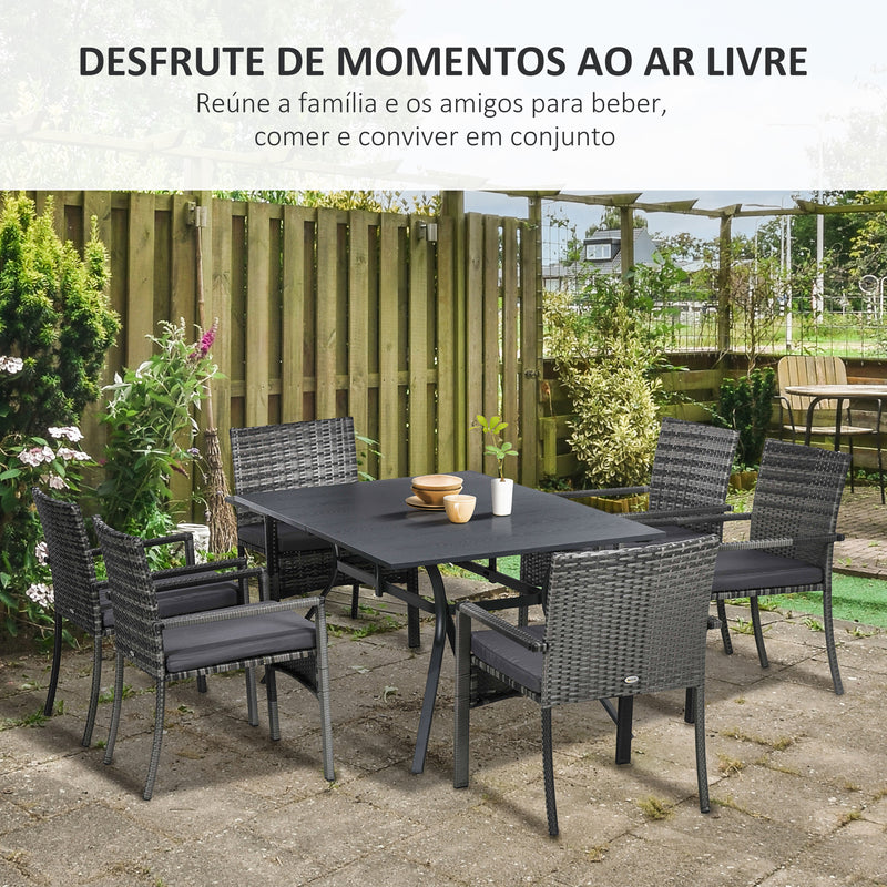 Conjunto de Refeição de Jardim em Vime Sintético Conjunto de Móveis para Exterior de 7 Peças Inclui 6 Cadeiras com Almofadas e Mesa de Metal Cinza