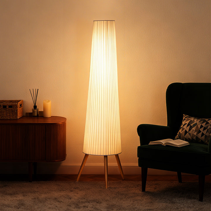 Candeeiro de Pé com Tripé Brilho Ajustável 3 Níveis Candeeiro de Pé de Sala Nórdica com Interruptor de Pé Pernas de Madeira e Ecrã de Tecido para Quarto, Escritório Decoração 46x46x153 cm Branco